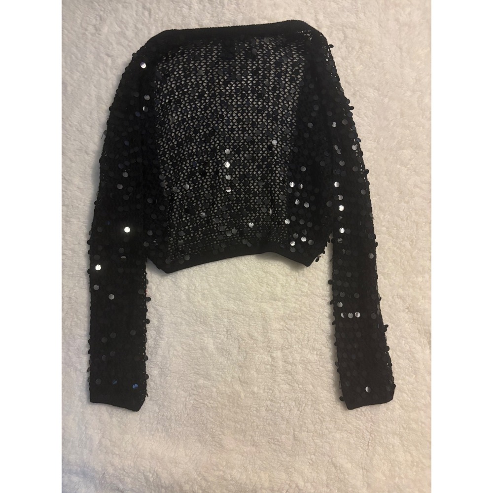 New York & Company Y2K Black Sequin Shrug Bolero Cardigan Open Knit Cropped S/M